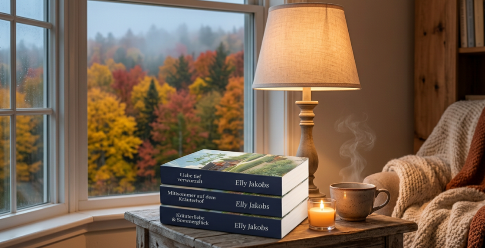 Drei Bücher auf einem Holztisch mit Blick auf einen See und blühende Blumen.